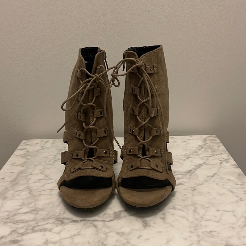 Wild Diva Lounge Lace Up Cut-Out Heeled Bootie - Taupe